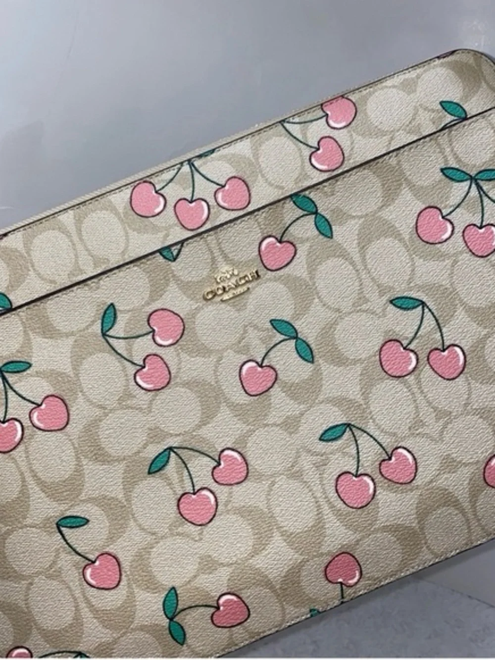 Coach Beige Signature Cherry Pouch with Pink & Green Accents